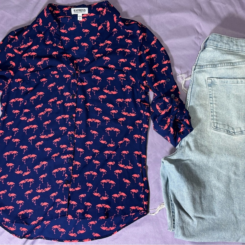 Express Portofino Flamingo Print Blouse XS | Navy Pink Button Front - Picture 2 of 6